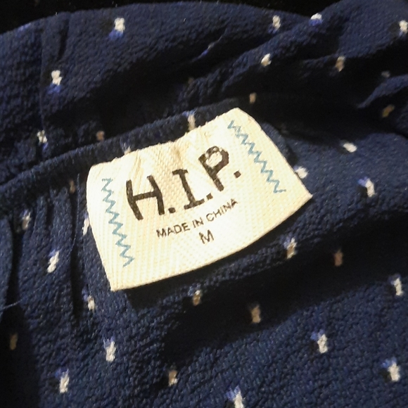 H.I.P. Polkadot Gypsy Off Shoulder Navy Blue Dress Shirt - Picture 6 of 7